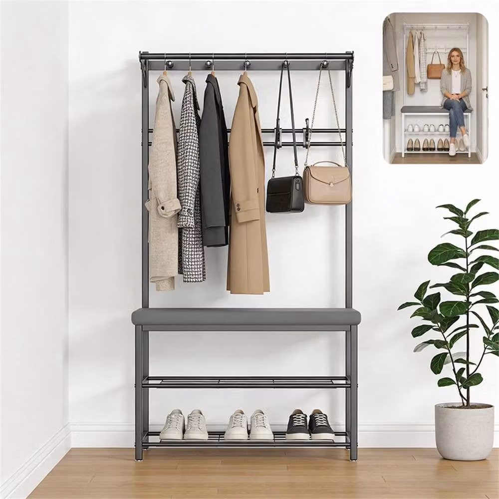 Hinsinc Hall Tree with Shoe Bench and Coat Rack in Black and Grey, H 172 x W 100 x D 40 cm – 3