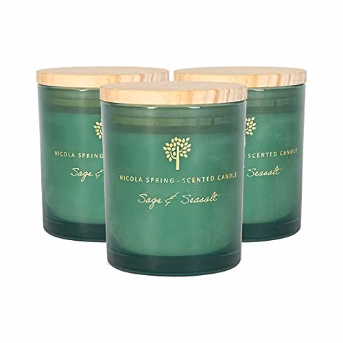 Nicola Spring Sage & Seasalt Scented Soy Wax Candles, Pack of 3, 130g Green Glass Jars – 1