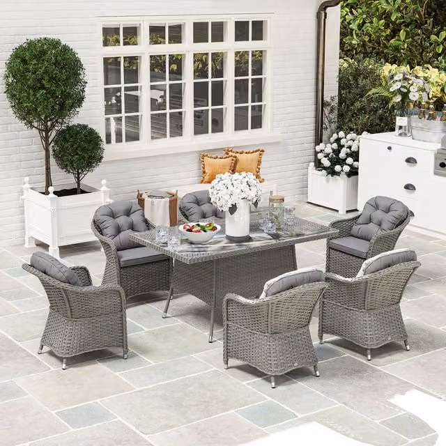 Outsunny 7 Piece Modern Rattan Dining Set with Umbrella Hole in Light Grey