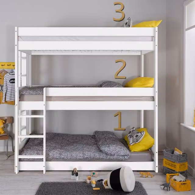 Noa and Nani Henrik Triple Bunk Bed for Children in Classic White, Solid Pine Wood, 90 x 190 cm
