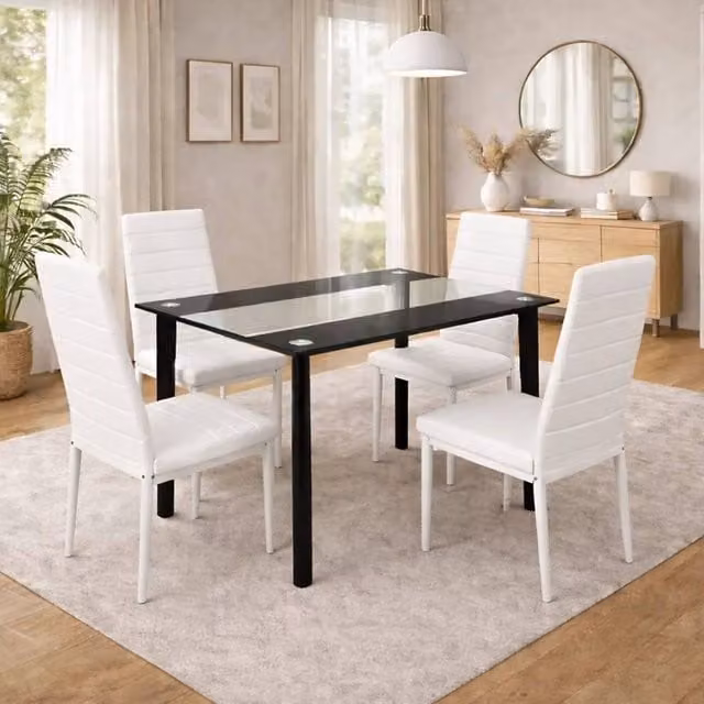 Kosy Koala Modern Rectangular Black Glass Dining Table and 4 White Faux Leather Padded Chairs Set