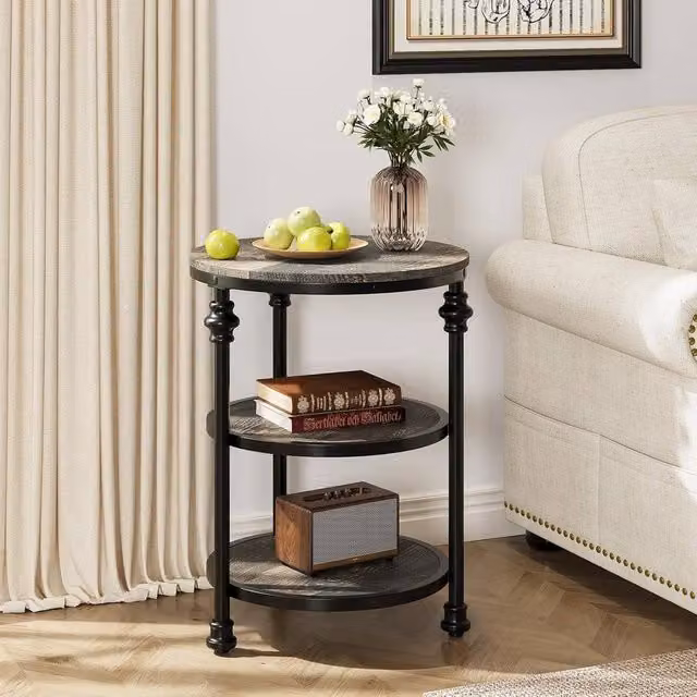 London Boutique 3 Tier Round Industrial Coffee Table and Side Table in Dark Brown – 1