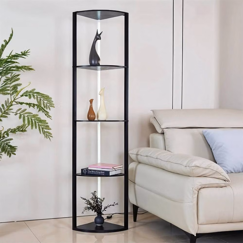 FORGEVIO 4 Tier Tall Corner Shelving Unit with Dimmable Integrated LED Lights in Matt Black – 4