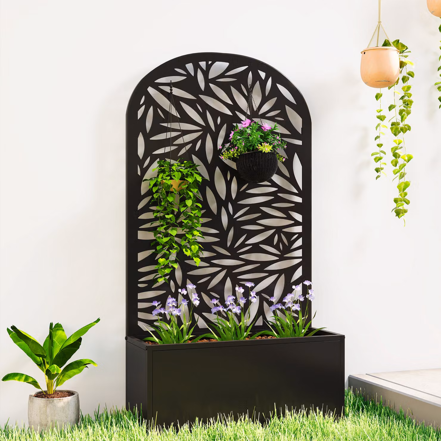 Outsunny Metal Garden Bed with Trellis and Curved Privacy Screen, Black Raised Planter for Ornamental or Vegetable Gardens – 2