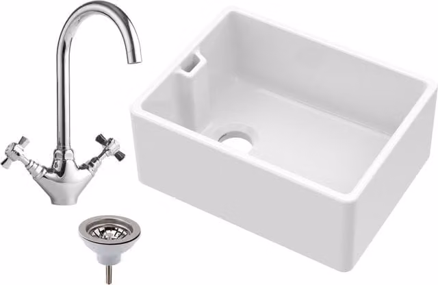 Balterley White Ceramic Single Bowl Belfast Sink with Basket Strainer Waste and Tap, W: 59.5 cm, D: 45.5 cm, H: 24.5 cm – 1