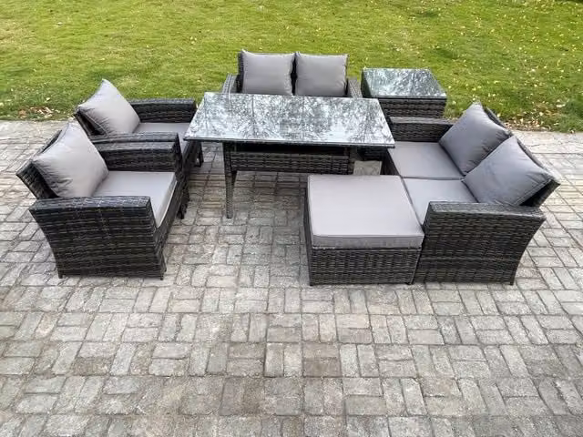 Fimous 7 Seater Rattan Garden Furniture Set with Oblong Dining Table and Side Table in Dark Grey