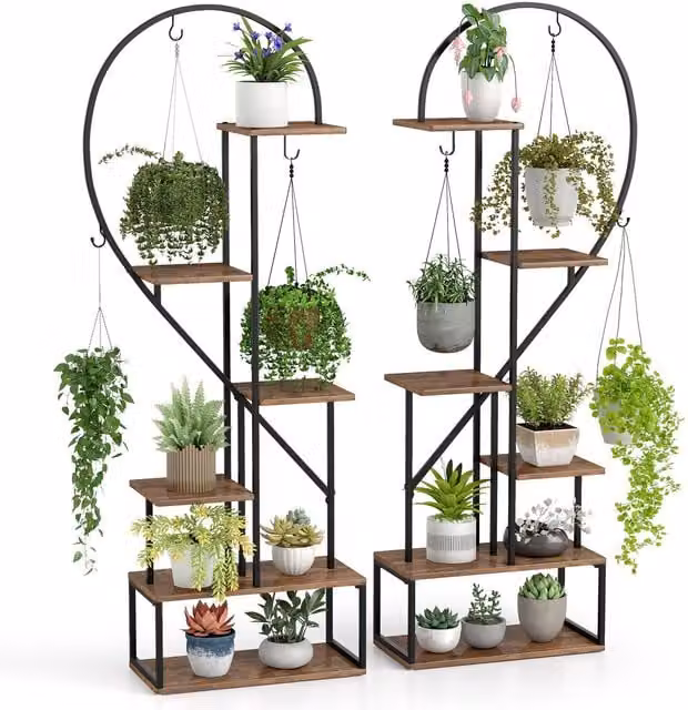 Costway 2 Pack 6-Tier Metal and Wood Heart-Shape Ladder Plant Shelves in Brown – 1