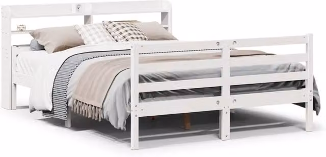 Berkfield Home White Solid Wood Bed Frame with Headboard and Side Compartments W/D/H: 140 x 200 x 82 cm