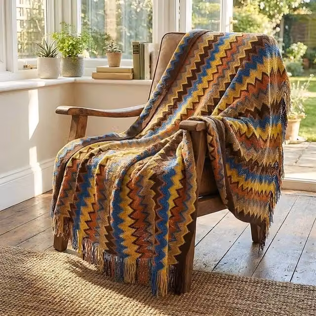 NESTLUNE Brown Wave Striped Knitted Throw Blanket, W: 100 cm, L: 190 cm – 1