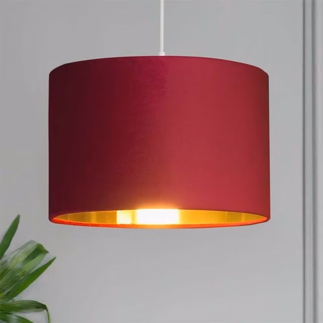 Lighting Collection Burgundy Velvet Drum Lamp Shade with Gold Inner, Diameter: 28 cm