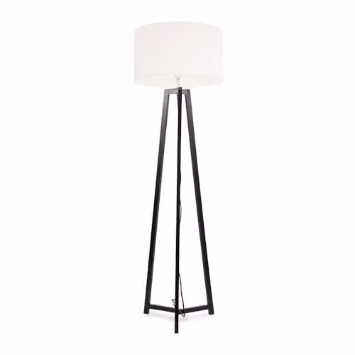ValueLights Black Wood Tripod Floor Lamp with Beige Boucle Drum Lampshade and Included LED Bulb