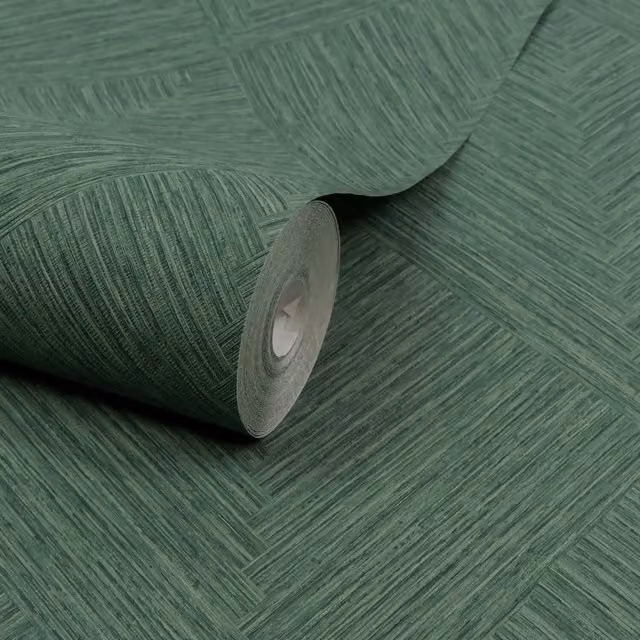 Grandeco Boutique Loni Geometric Weave Luxury Embossed Wallpaper in Forest Green