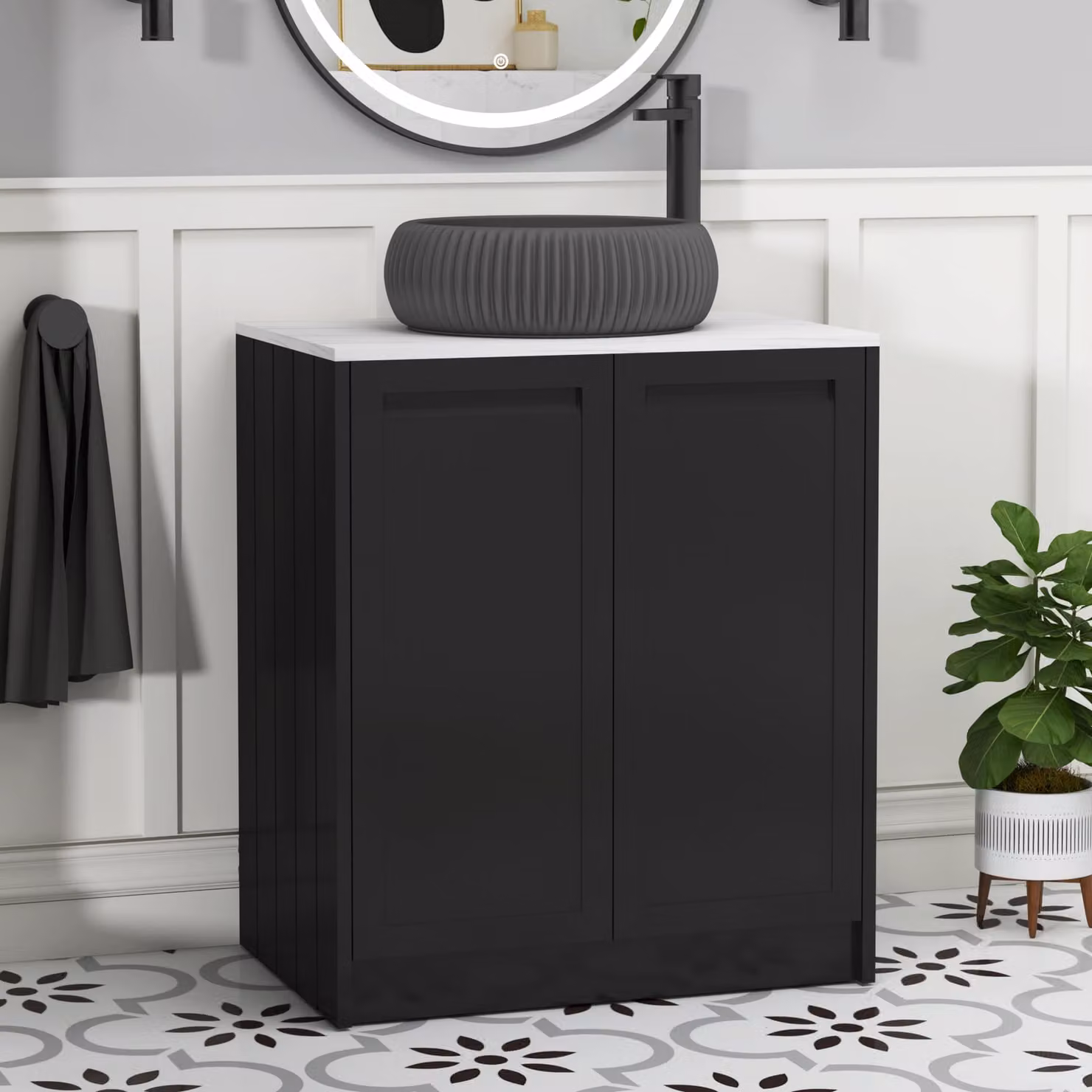 Royal Bathrooms Elmore 700mm Floor Standing Countertop Vanity Unit with Milan Black Basin, Matt Nocturne Black, 2 Door