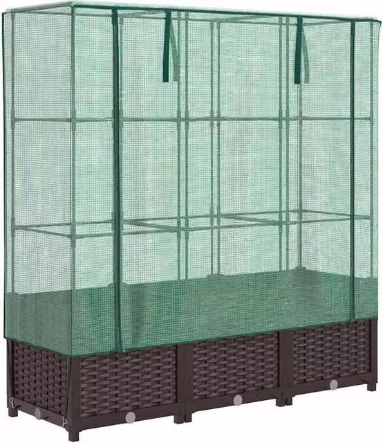 Berkfield Home Raised Bed with Greenhouse Cover in Brown Rattan Look, W/D/H: 120 x 40 x 138 cm
