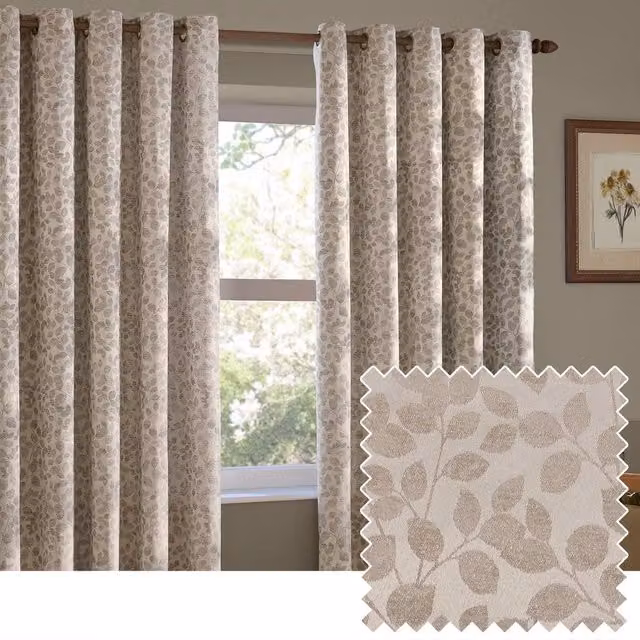 Wylder Grace Leaf Jacquard Fully Lined Eyelet Curtain Pair in Beige, Width: 168 cm, Drop: 137 cm – 1