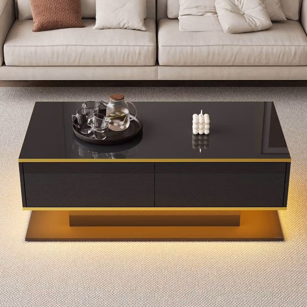Merax Modern High-Gloss Coffee Table with Gold Accents and LED Lighting in Black and Gold, W/D/H: 100 x 50 x 40 cm – 6