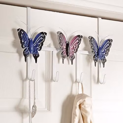 mysmartbuy Butterfly Design Metal Over-the-Door Hanging Hooks in Pink and Multicolour, H21 x W30 x D5 cm