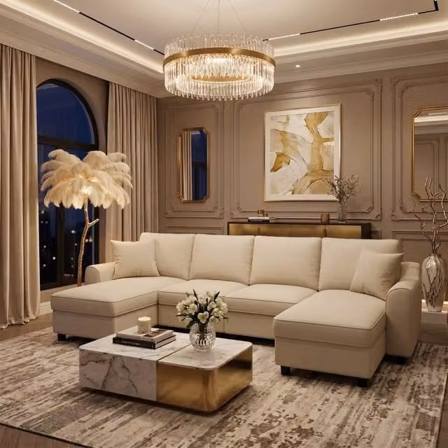 FENCHILIN Chenille U-Shaped Sectional Sofa with 2 Storage Chaise Lounges in Beige