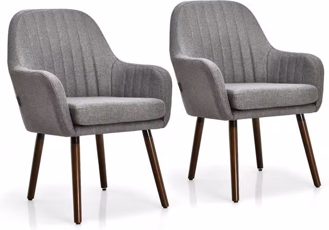 Costway Grey Fabric Upholstered Mid-Century Tub Armchair with Solid Rubberwood Frame