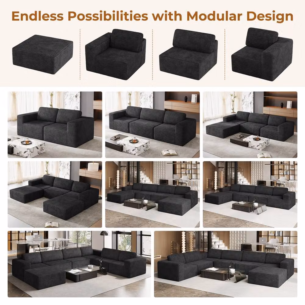 Dprodo Black Corduroy Modular 6 Seater L-Shape Corner Sofa with Matching Ottoman and Removable Covers – 3