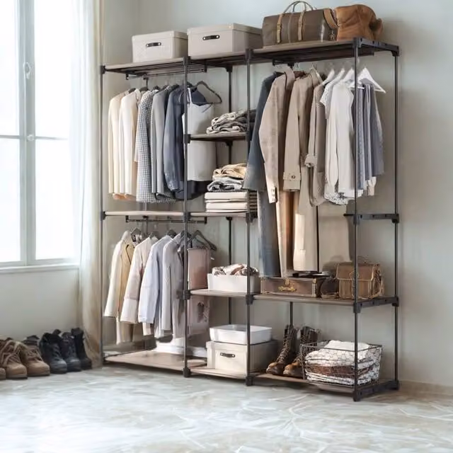 Pirlo Plush Metal Clothes Rail Open Wardrobe with Storage Shelves in Beige, H 182 cm x W 130 cm – 1
