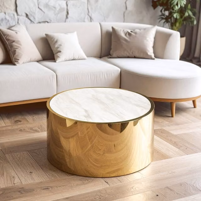 Orsina Luxury Round White and Gold Marble Effect Coffee Table – 1