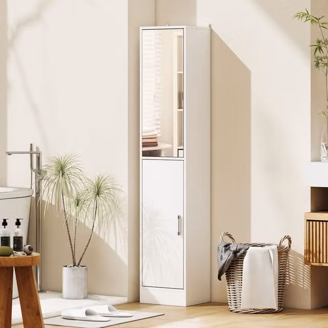 Kleankin Tall Mirrored Bathroom Cabinet in White with Internal Shelves and Hinged Doors – 1