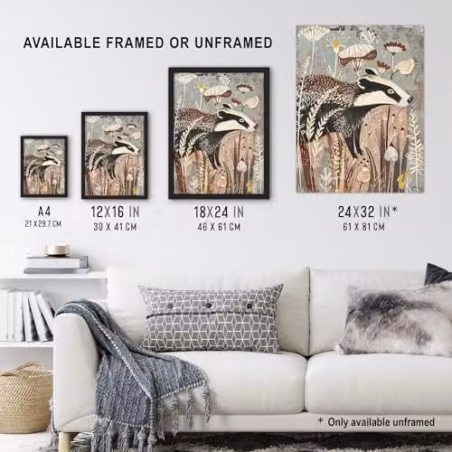 Artery8 Rustic Woodland Badger Unframed Paper Wall Art Print Poster, Multicolour Floral Illustration – 3