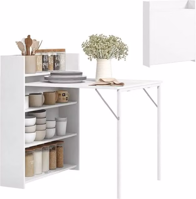 KORVIXA Folding White Dining Kitchen Table with Shelves and Drop Leaf Top