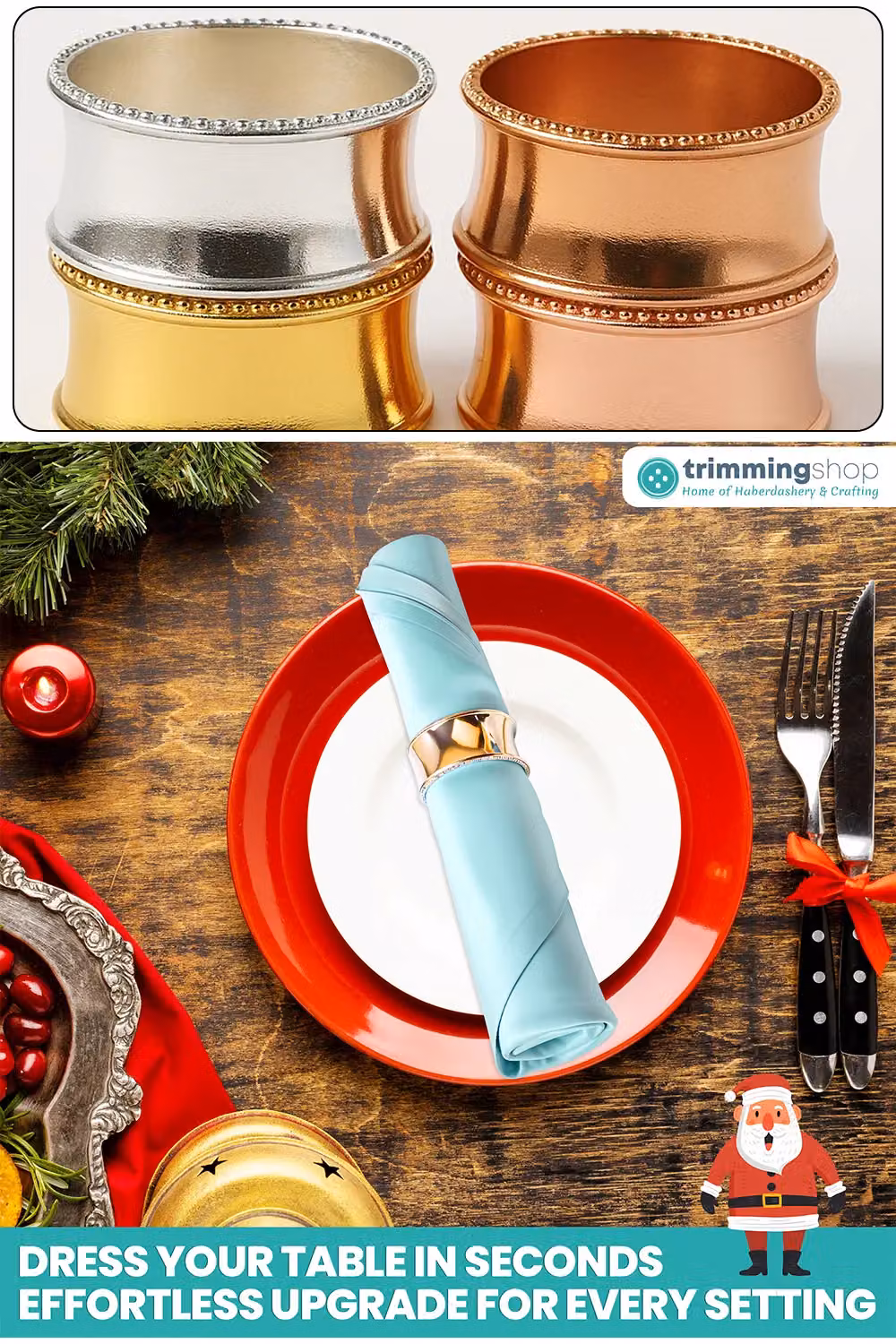 Neel Blue Christmas Beaded Rim Napkin Rings with Hammered Gold Metal Buckles – 2
