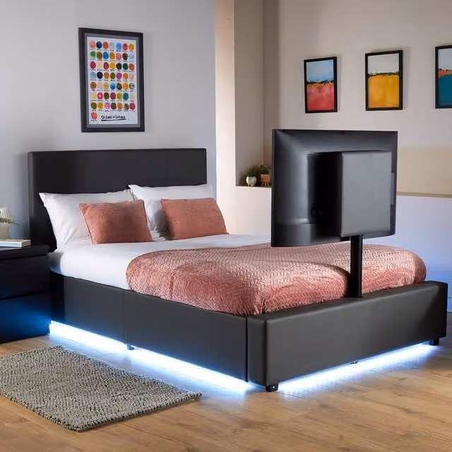 X Rocker AVA Upholstered Leather TV Bed with Underbed LED Lighting and Storage in Grey, Single 90 x 190 cm – 1