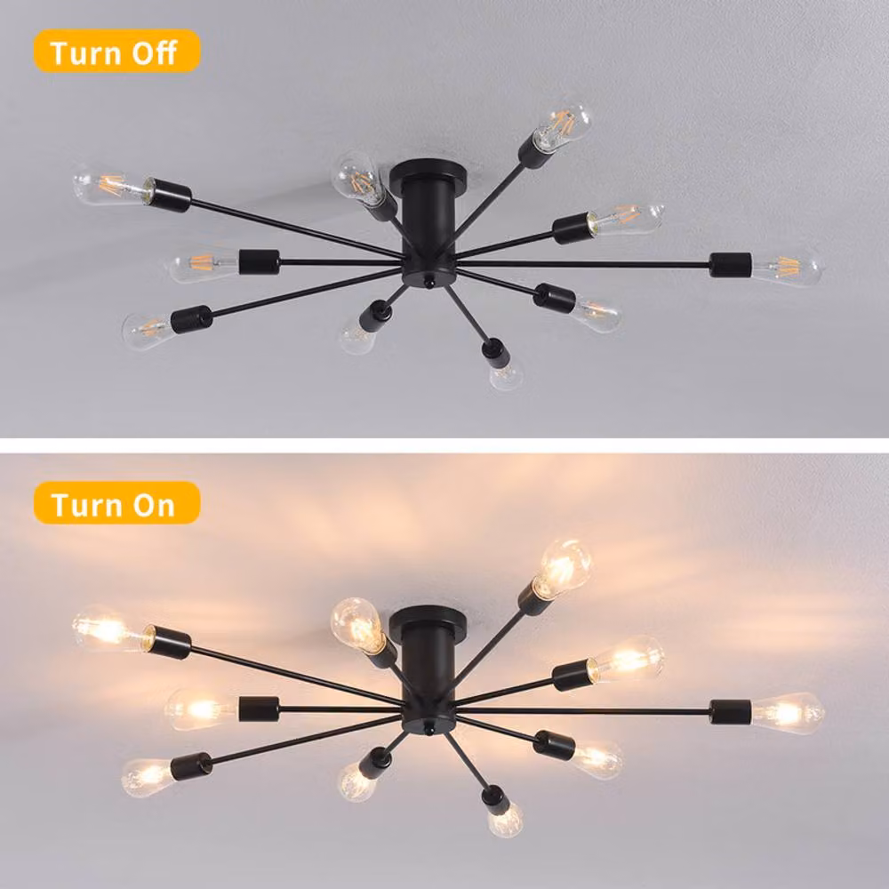 NIVOR 10-Light Sputnik Black Industrial Flush Mount Ceiling Light with Glass Shades – 3