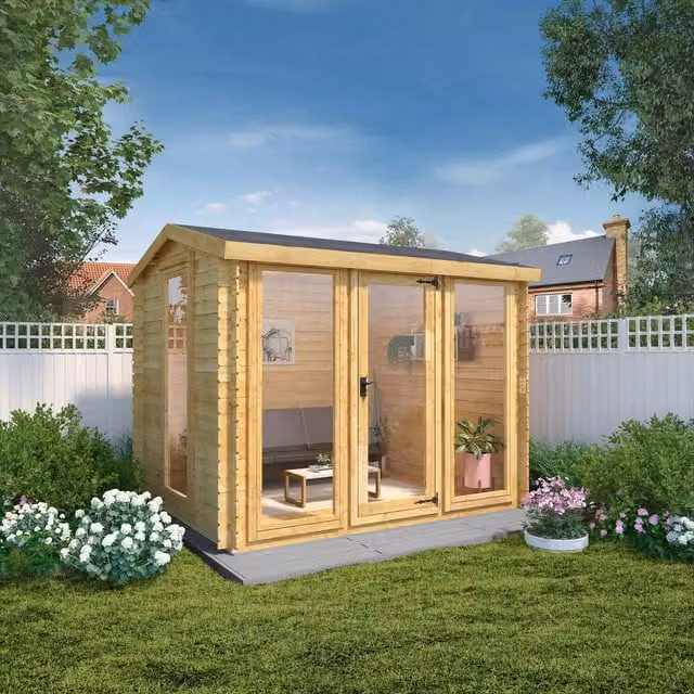 Mercia Reverse Apex Log Cabin in Brown, L263.7 x W302.4 x H253.4 cm