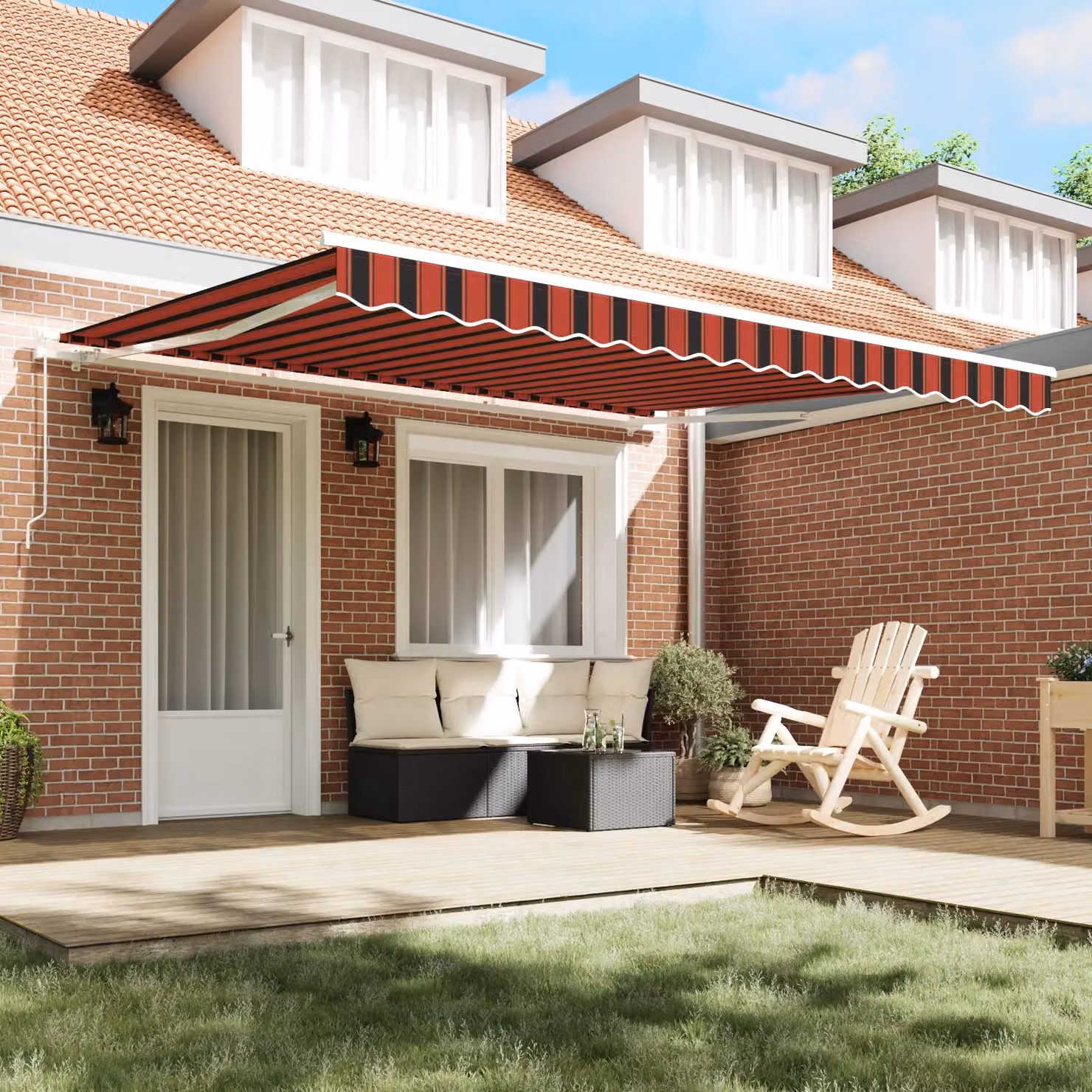 Berkfield Home Manual Retractable Folding Arm Awning in Red, Orange and Brown Striped Polyester, W: 400 cm, D: 300 cm – 3