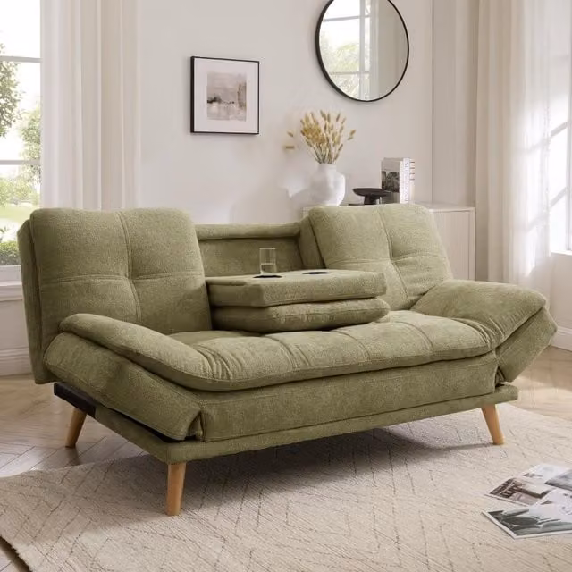 Lilly Mid-Century Sofa Bed with Adjustable Armrests and Cup Holders in Sage Green