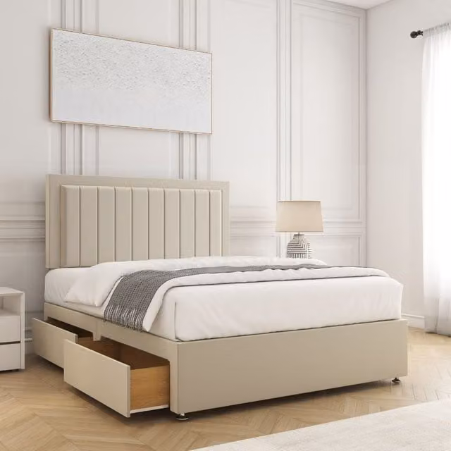 BSSPOKE Zarah King Size Divan Bed with 24 inch Headboard, 2 Drawers and Mattress in Cream Plush Velvet