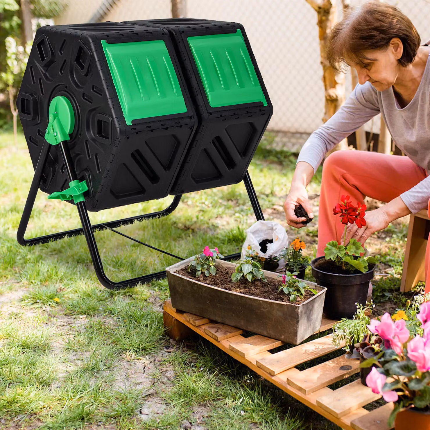 Costway Dual Chamber Garden Compost Bin with Sliding Doors, 130L, Black – 6