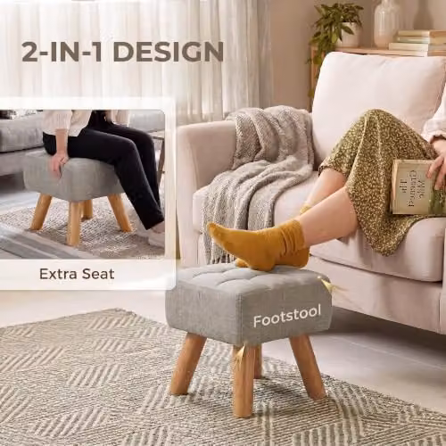 HOMCOM Modern Rectangular Fabric Footstool with Rubberwood Legs in Brown or Grey – 4