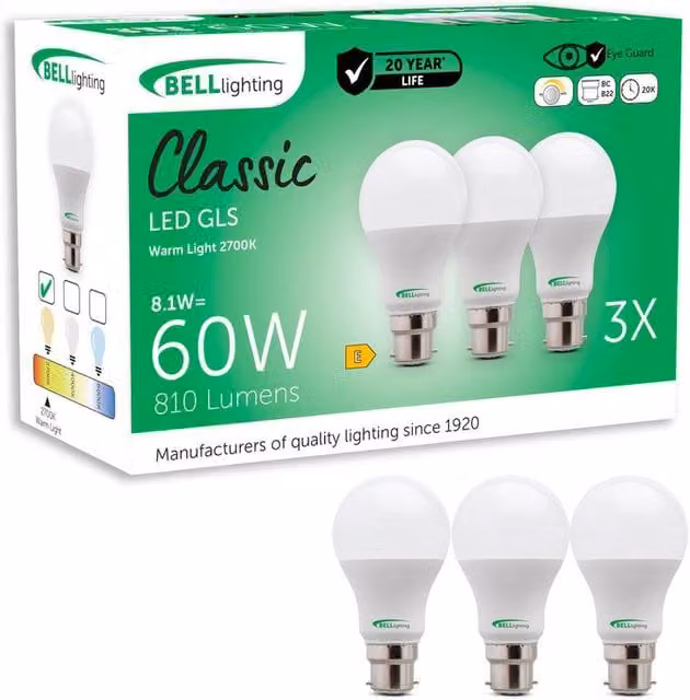 BELL Lighting B22 Dimmable LED Bulbs, Warm White, 8.1W, Pack of 3