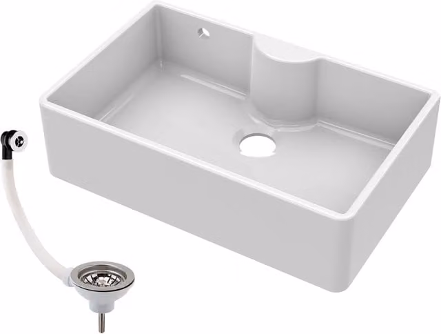 Balterley White Fireclay 1 Bowl Butler Sink with Tap Ledge, Overflow and Waste, W/D/H: 79.5 x 50 x 22 cm