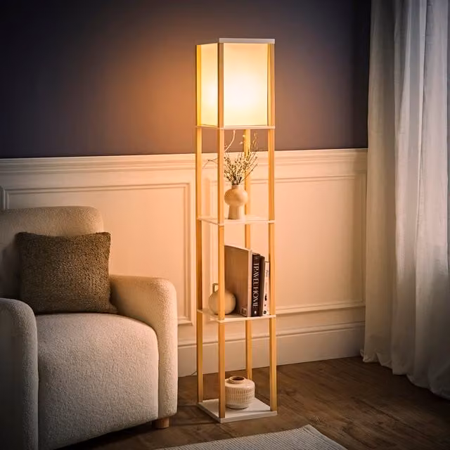 ValueLights Struttura Shelving Unit Floor Lamp with Fabric Shade and Bulb in Wood/Brown
