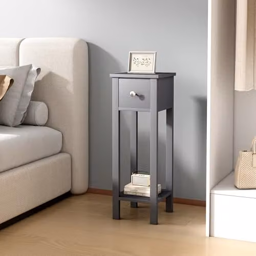 Amelia by MCC Set of 2 Slim Solid Wooden Bedside Tables in Grey with Open Shelf and Drawer – 4