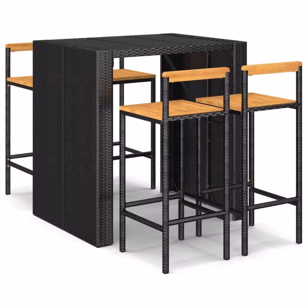 Berkfield Home 5 Piece Garden Bar Set in Black Poly Rattan and Solid Acacia Wood – 2
