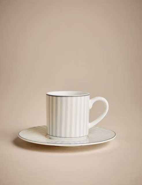 M&S Hampton Striped Grey Ceramic Espresso Cup and Saucer Set