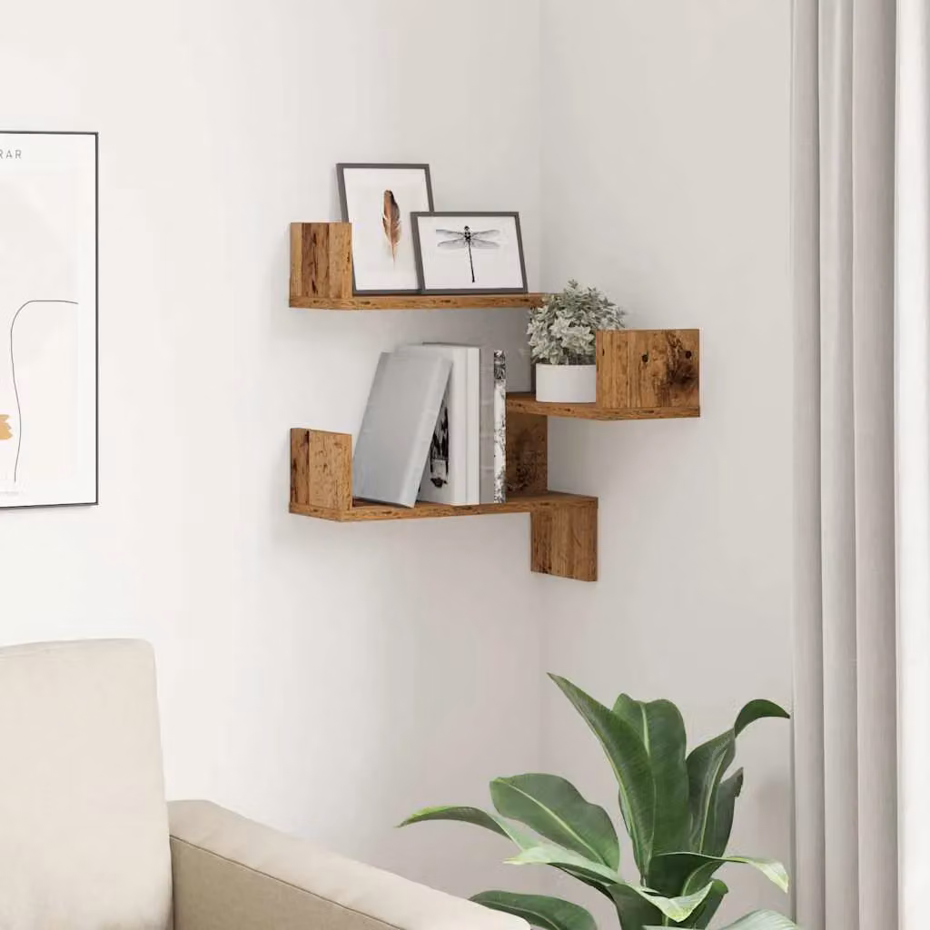 Berkfield Home Wall Mounted Corner Shelf in Old Wood Brown, W/D/H: 40 x 40 x 49.5 cm – 2