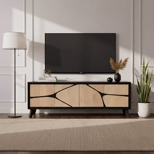 IH Design Dusk Modern Mango Wood Low Board Sideboard and TV Stand in Beige and Black – 1