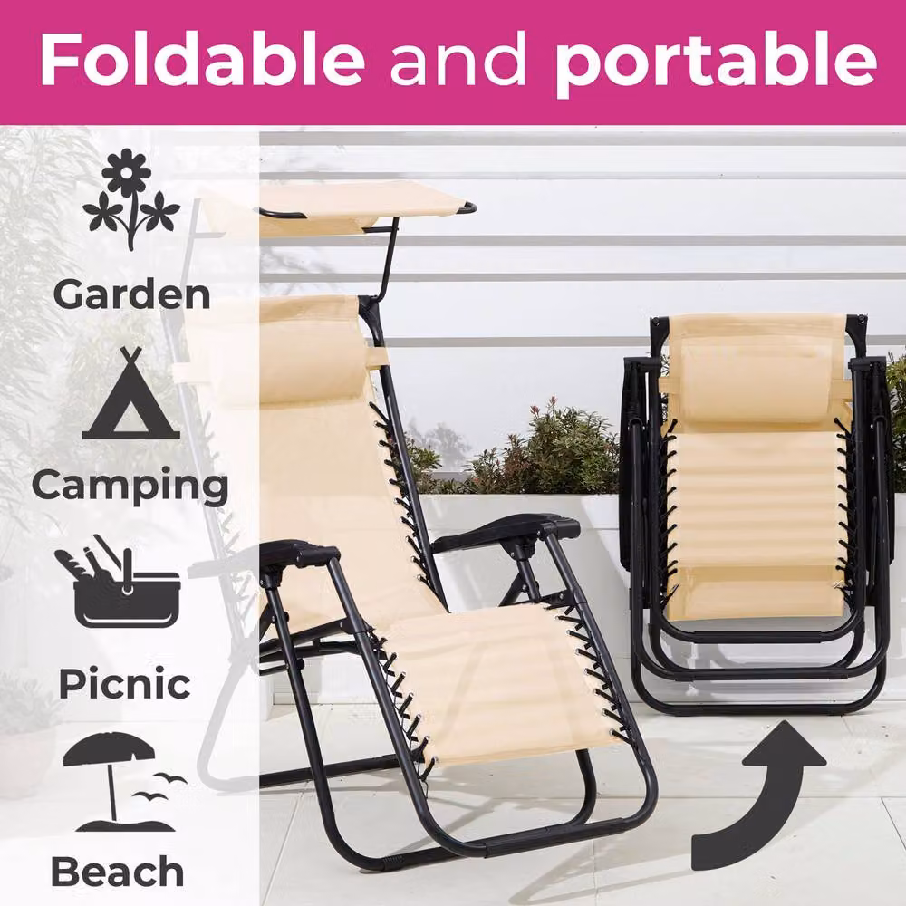 Neo Folding Portable Zero Gravity Chair and Table Set in Sand with Adjustable Headrest and Cup Holders – 3