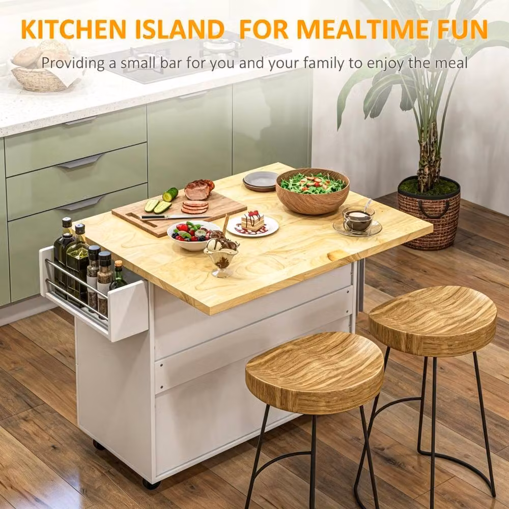 STILVORA Modern White Kitchen Island with Drop Leaf, Drawers and Cabinet – 3