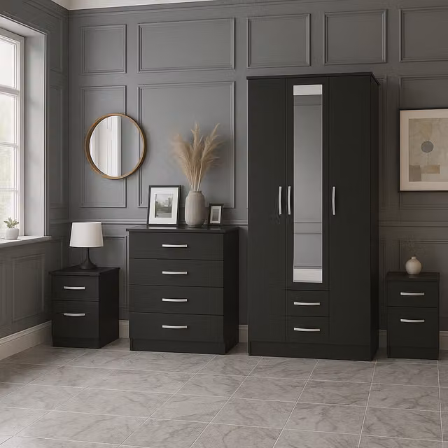Birlea Lynx 4 Piece Black Glossy Wooden Bedroom Furniture Set with Wardrobe, Chest of Drawers and Bedsides