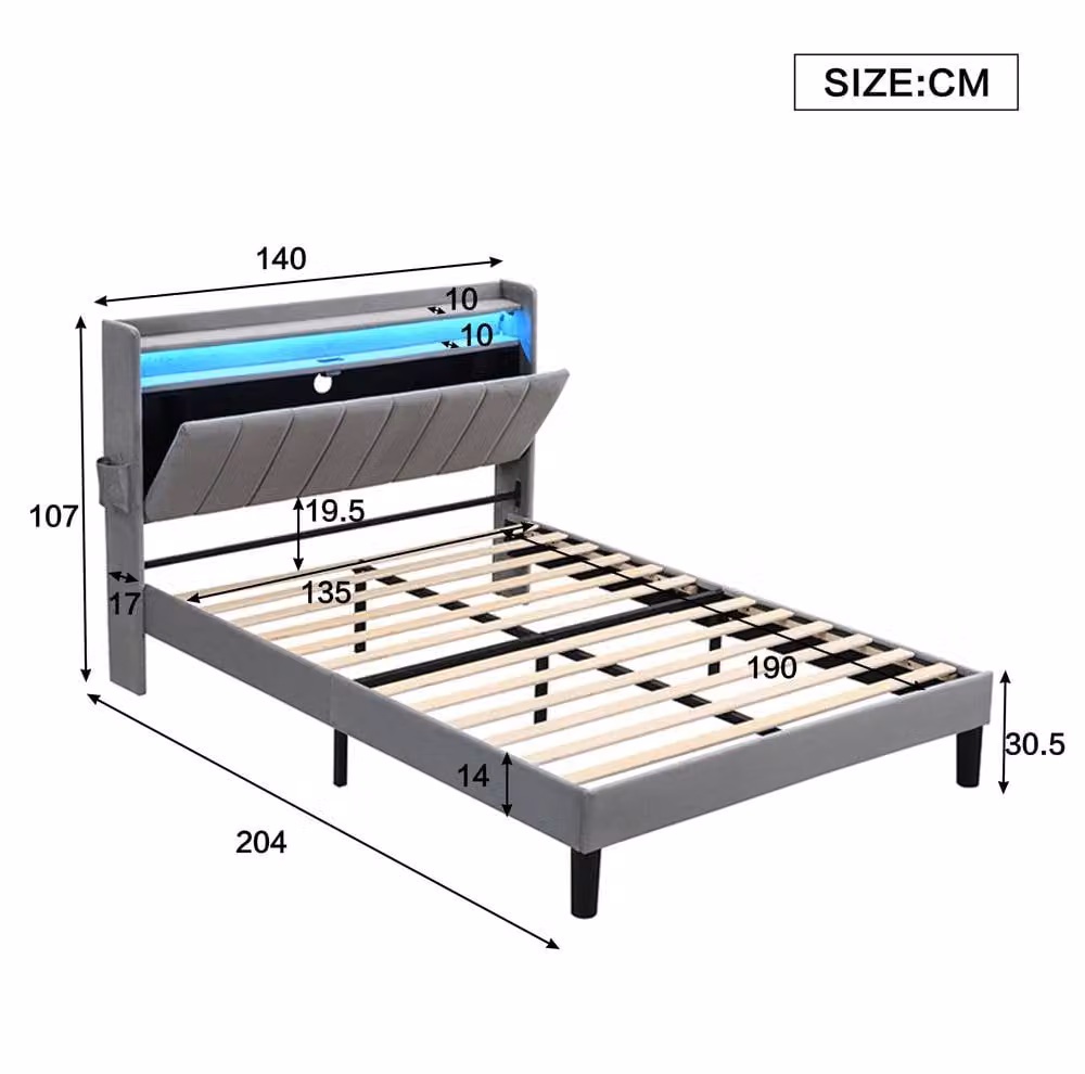 STILVORA Grey Upholstered Double Bed with LED Lighting, USB Charging Port and Under-Bed Storage, W/D/H: 140 x 190 x 135 cm – 4